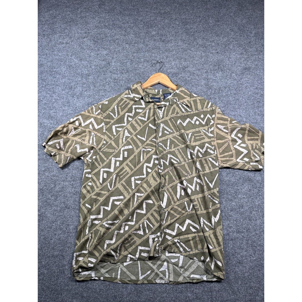VTG Puritan Shirt Mens L Olive Green Geometric Tribal Pattern Classic Button-Up